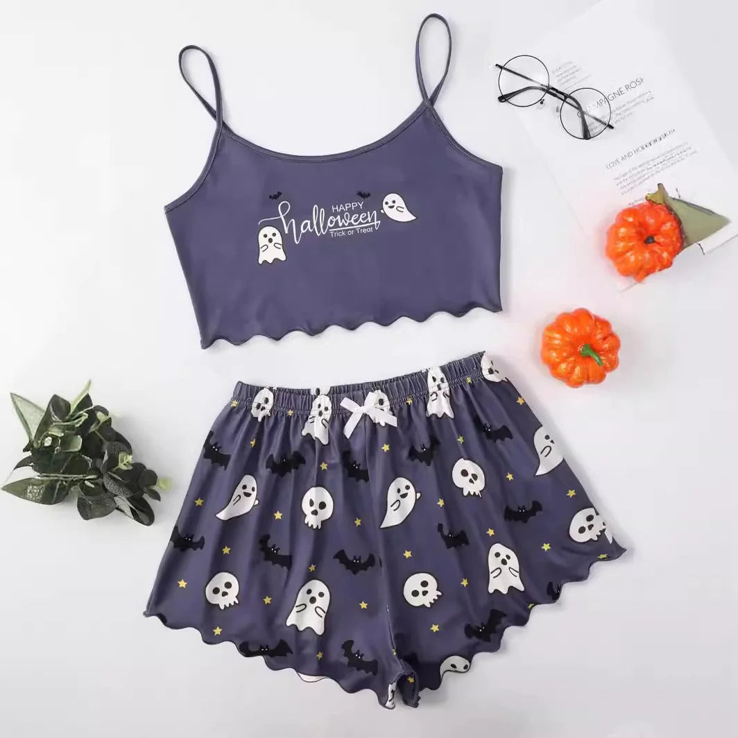 Spooktacular Comfort: Women's Halloween-Themed Polyester Fiber Two-Piece Pajama Set